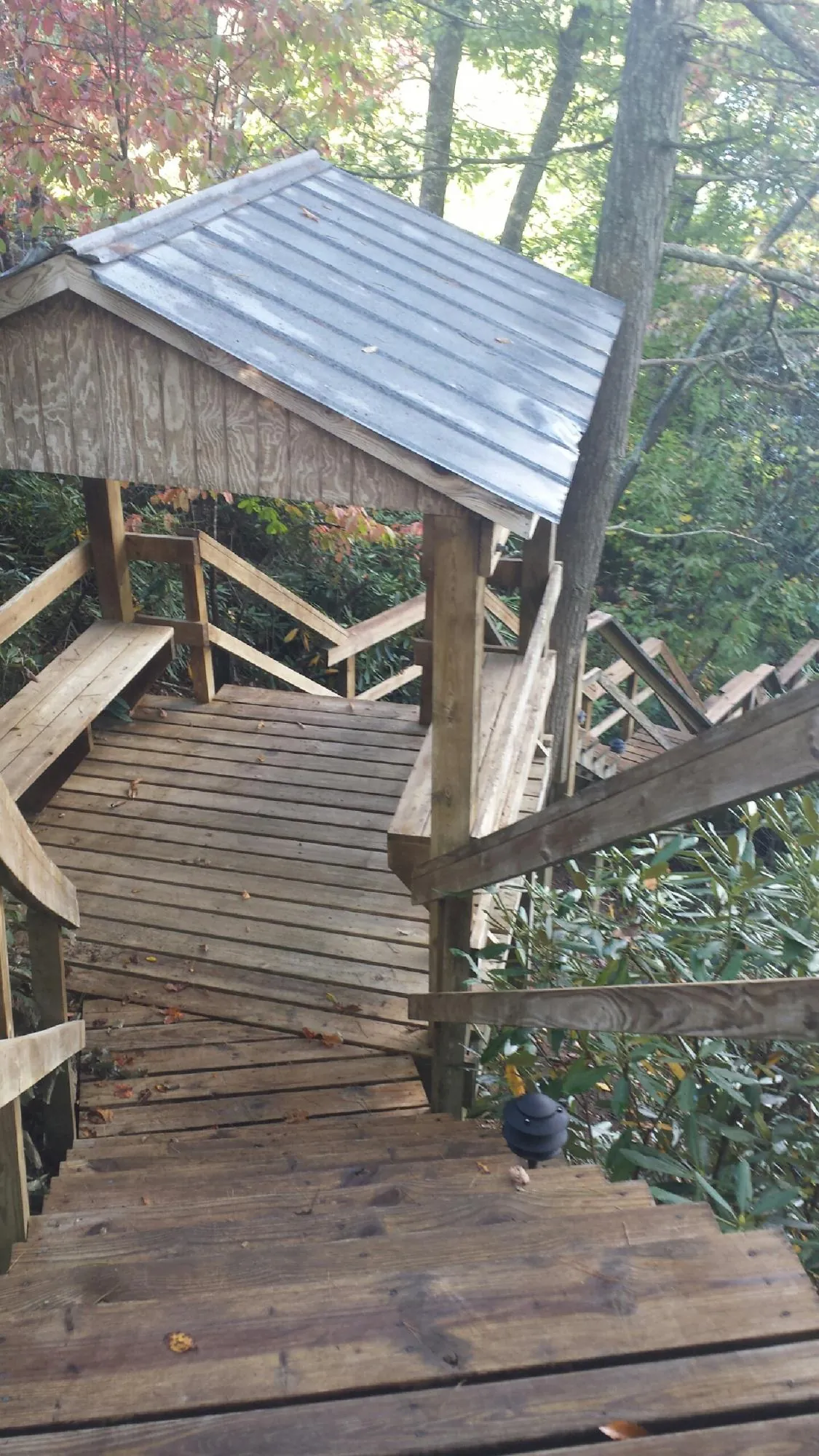 Metal roofed shelter over wooden steps on a wooded walkway — Skylight Repair & Installation work by our crew in Blue Ridge Summit